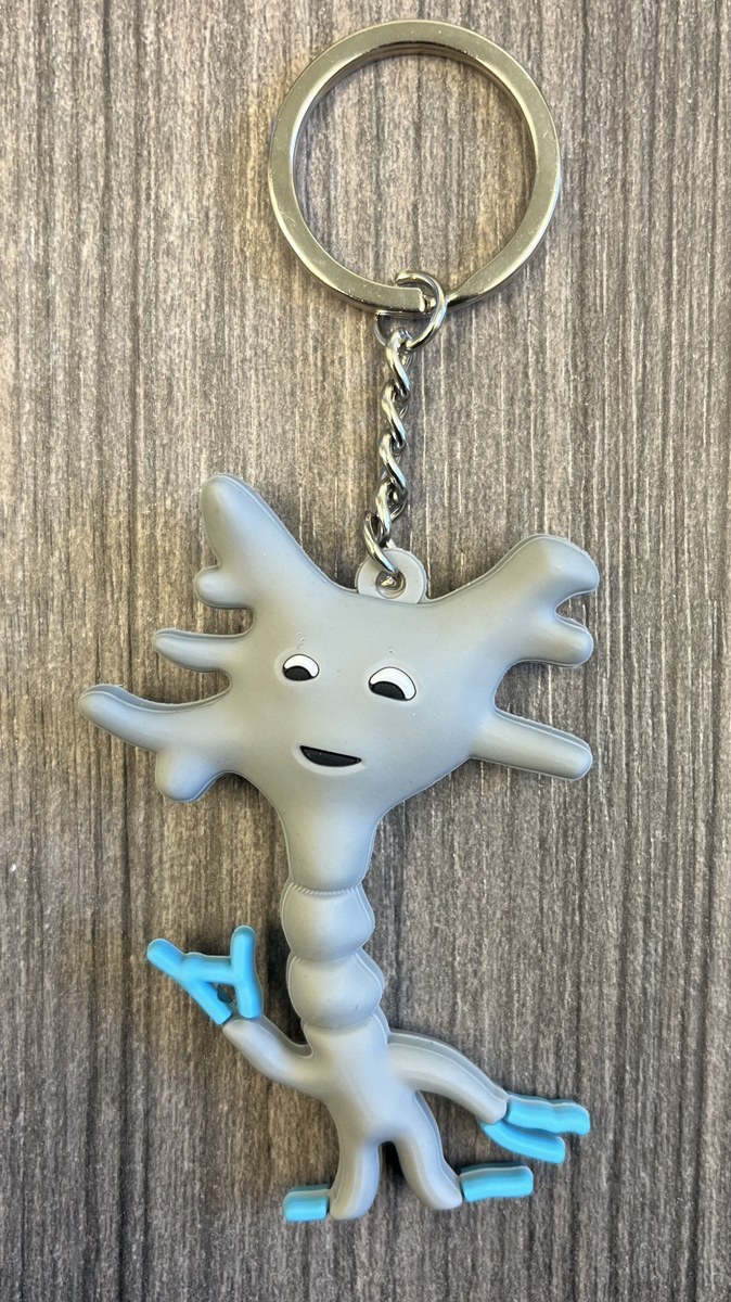 A smiling neuron-shaped keychain with blue details resting on a wooden surface.