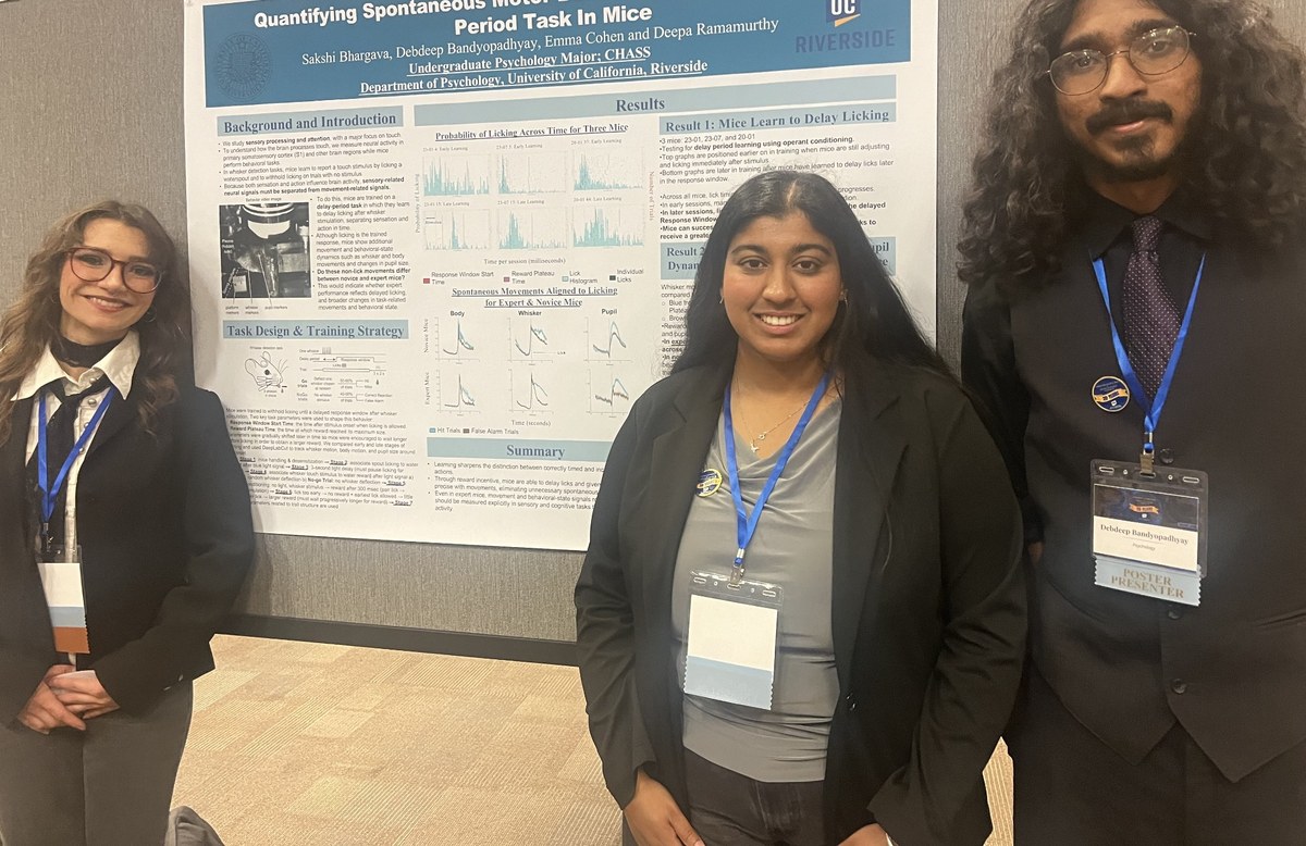 Three student presenters standing beside their research poster at the UCR Undergraduate Research and Creative Activities Symposium.